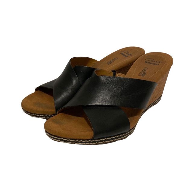 Clarks Shoes - Clarks Helio Swan Black Leather Wedge Sandals